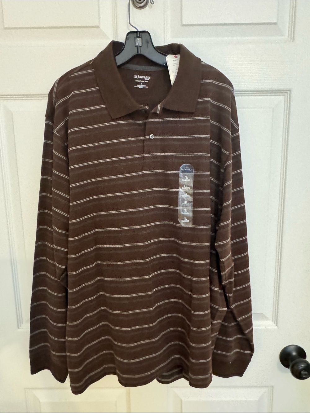 St. John's Bay Brown Polo with Cream Stripes, Long Sleeve